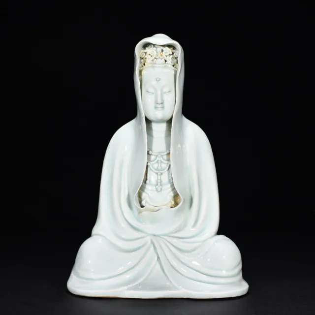 11.8" china antique song dynasty hutian kiln porcelain cyan glaze guanyin statue