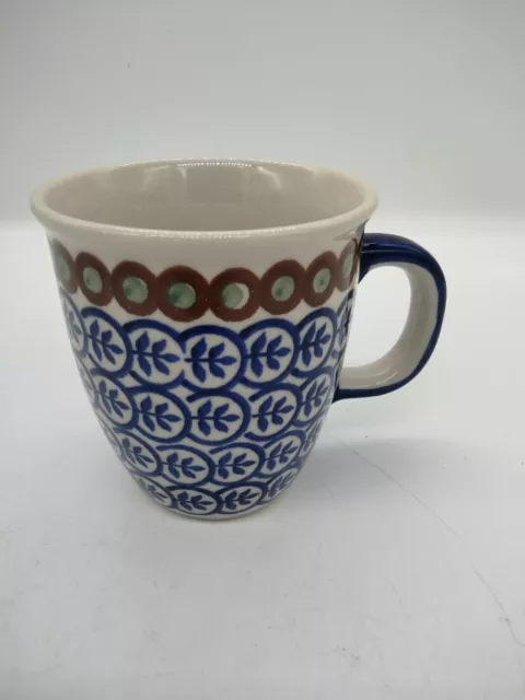 Blue Green Brown Polish Pottery Large Coffee Tea Mug Fern Leaf Design