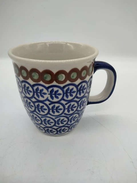 Blue Green Brown Polish Pottery Large Coffee Tea Mug Fern Leaf Design