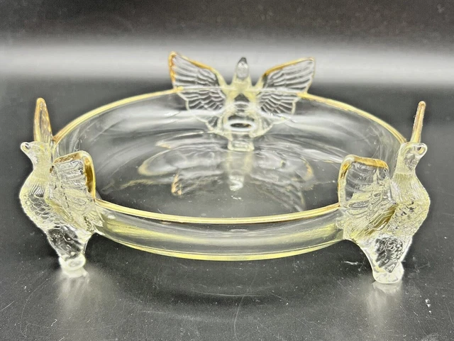 Vintage Jeannette Glass 3 Toed Footed Bowl Eagle Clear w/Gold 7" Across USA