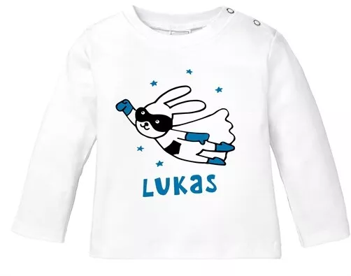 Baby Langarmshirt mit Namen personalisiert Hase Superheld Junge Mädchen