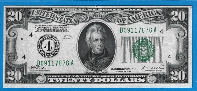 1928 $20 FRN #4-Cleveland,Redeem in Gold,Green Seal,CH Crisp XF,Nice!
