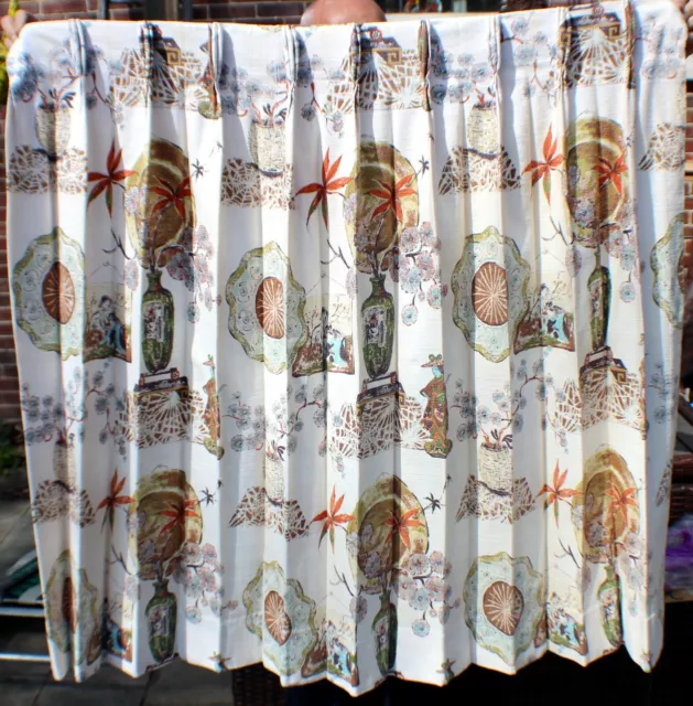 Vintage Mid-Century Barkcloth Pleated Curtains Pair Oriental Motif Asian c.1950s