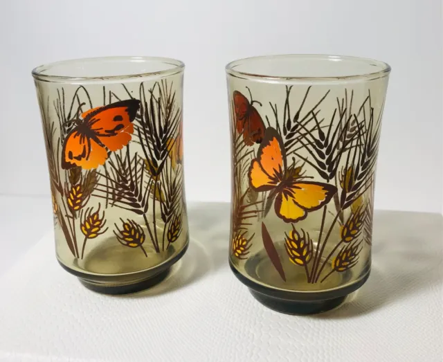 2 Libbey Juice Glass Monarch Butterfly Wheat Pattern Amber Brown Vintage 