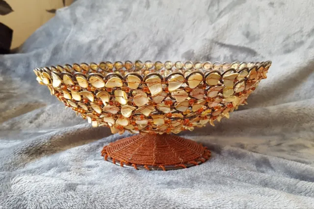 Unusual Cottagecore Shell & Beadwork Pedestal Bowl Hand Decorated Metal Dish 2