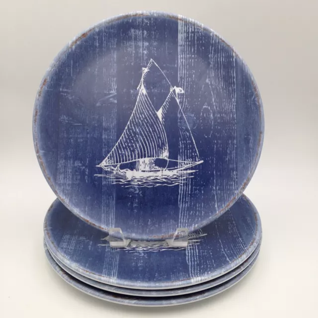 Nautica Melamine Plates Sailboat Faux Woodgrain Blue Set of 4 Outdoor Dine