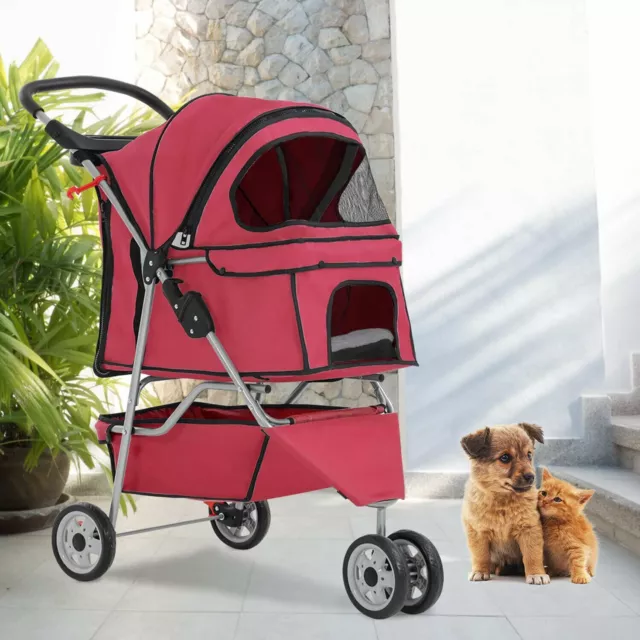 New Red Pet Stroller Cat Dog Cage 3 Wheels Stroller Travel Folding Carrier