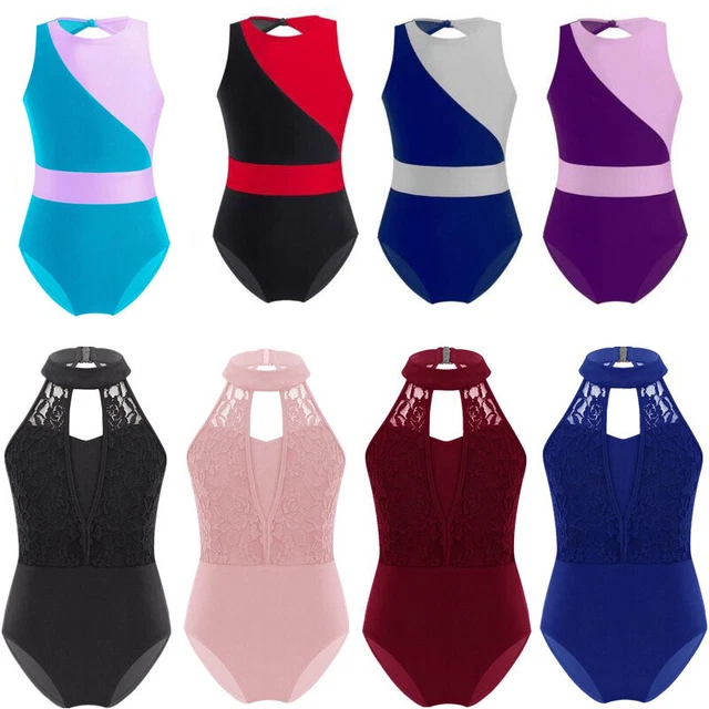 US Kid's Bodysuit Sleeveless Gym Leotard Contrast Color Skating Ballet Unitard