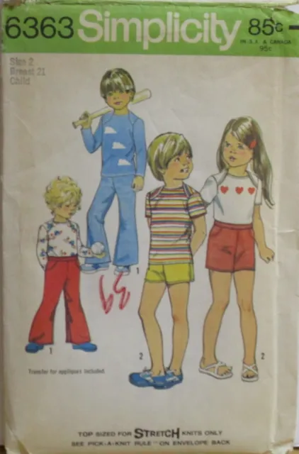 Vtg. Simplicity Child's Pattern 6363 Bell Bottom Pants, Shorts, Top, Knit Fabric