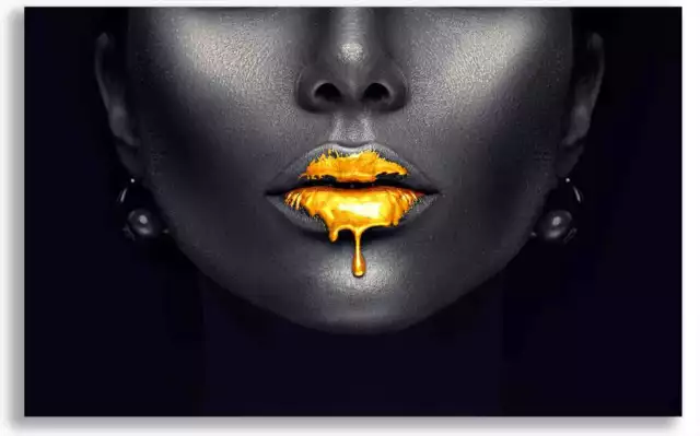 Wandbild Sexy Gold Lips, Abstraktes Leinwandbild goldene Lippen modernes Design