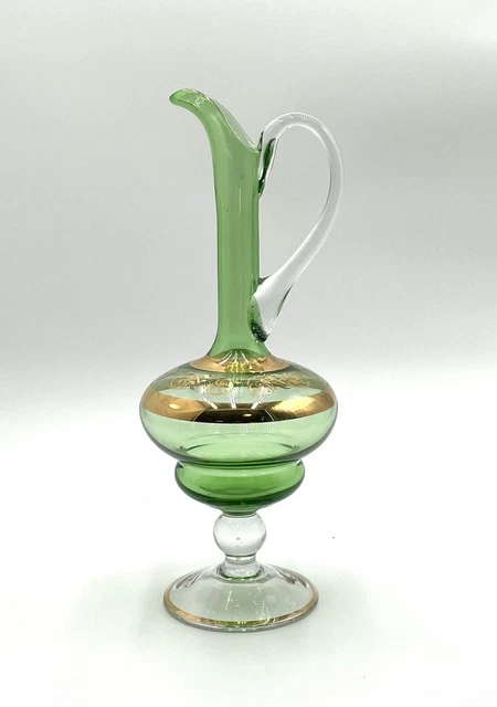 Murano (?) Glass Decanter Pitcher MCM With Gold & Green Trim 13” Some FLAWS