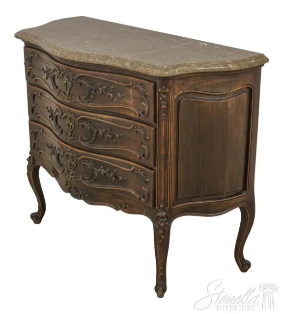 59776EC: French Louis XV Vintage Carved Walnut Marble Top Commode