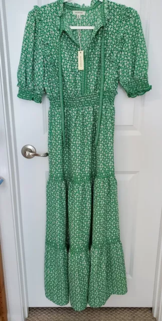 Max Studio Tiered Maxi Dress Women's Floral Ruffle Trim V-neck Size S NWT Green