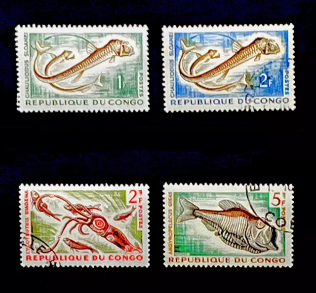 1961-1964 Congo Republic Stamps x 4  - Fish / Marine / Sea Life - Cancelled