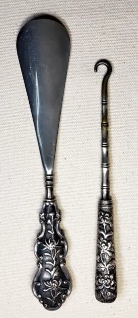 ANTIQUE VICTORIAN ORNATE SILVER SHOE HORN and BUTTON HOOK SET