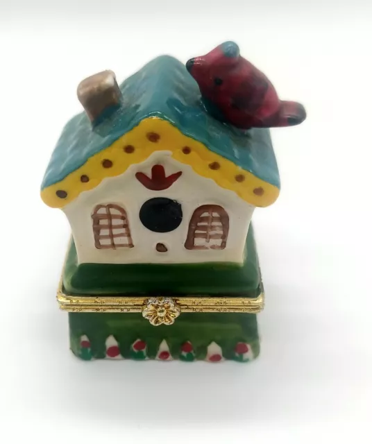 Miniature Porcelain Bird House Hinged Trinket Box Red Bird Cardinal 2