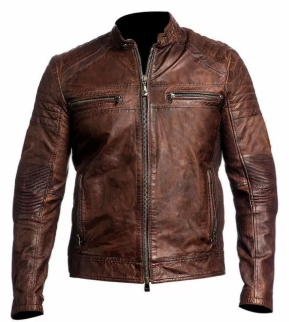 Mens Biker Vintage Distressed Brown Motorcycle Cafe Racer Real Leather Jacket
