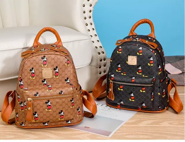 Brown Black Backpack Shoulder Bag Mickey Mouse Purse Zip Disney Gold Hardwar Hot