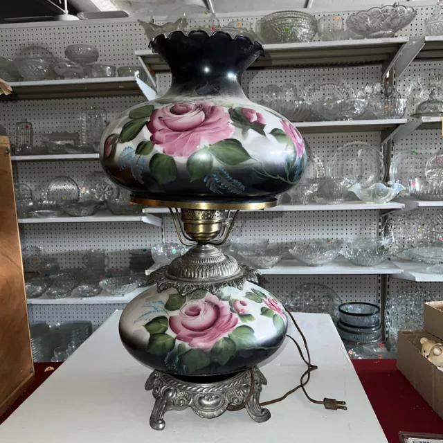 Vintage Gone With The Wind Hurricane Parlor Lamp Hand Painted 3 Way Settings