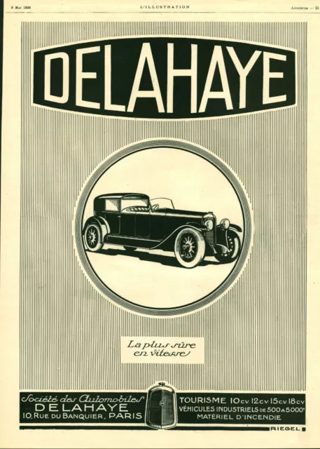 Publicité ancienne automobile Delahaye 1926  Issue de magazine