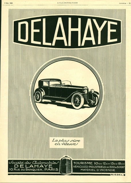 Publicité ancienne automobile Delahaye 1926  Issue de magazine