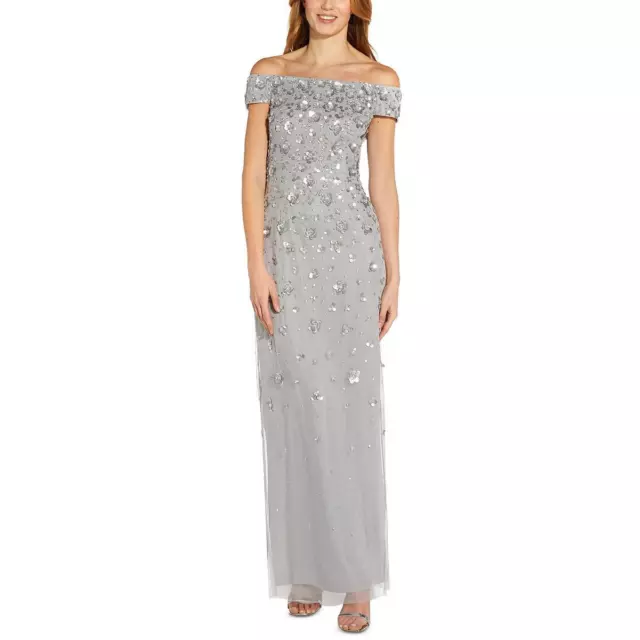 Adrianna Papell Womens Gray Embellished Evening Dress Gown Petites 8P BHFO 9777