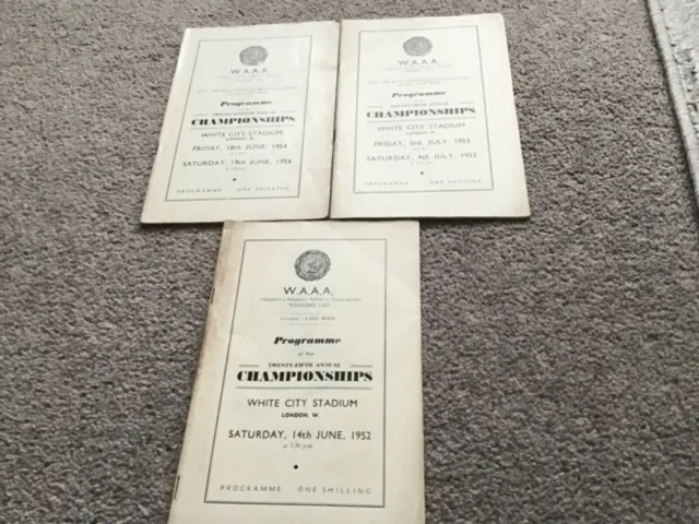 3 x Donna W.A.A.A. Athletics Programmes White City 1952,53,54.