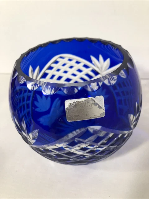 Cobalt Blue Czech Blue Cut To Clear Crystal Bohemian Glass Vase 4”x4”