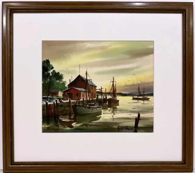 JOHN CUTHBERT HARE 20th c American WATERCOLOR PAINTING Harbor at Sunset Cape Cod