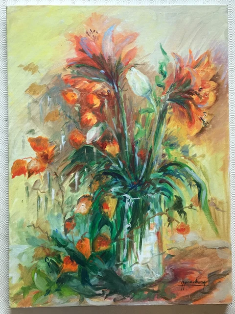 TABLEAU HUILE SUR toile Bouquet de fleurs en vase signé beau format EUR ...