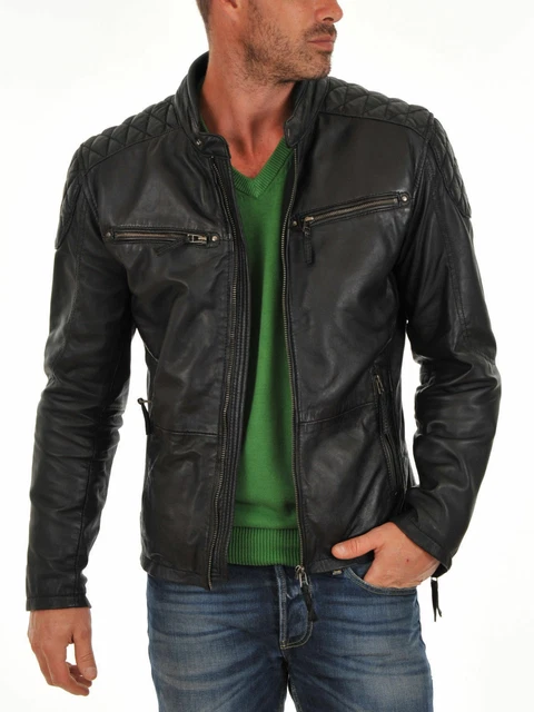 Leather Jacket Men's Genuine Lambskin Black Quilted Shoulder Leather Jacket