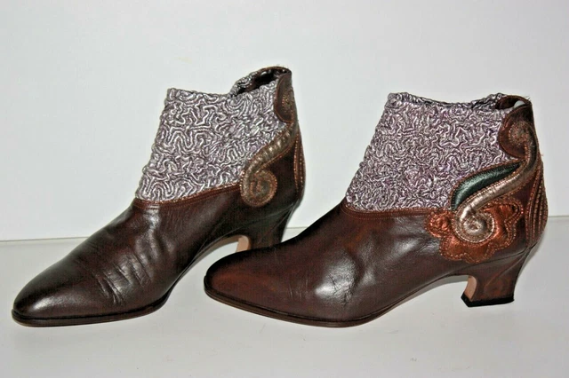 TOLIN Bottines Vintage Tout Cuir Mailles Brodées Argentées Rare T 38.5 TBE