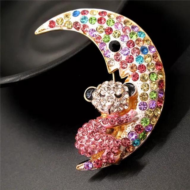 Pink Colorful Cute Sleep Bear Moon Rhinestone Fashion Women Charm Brooch Pin