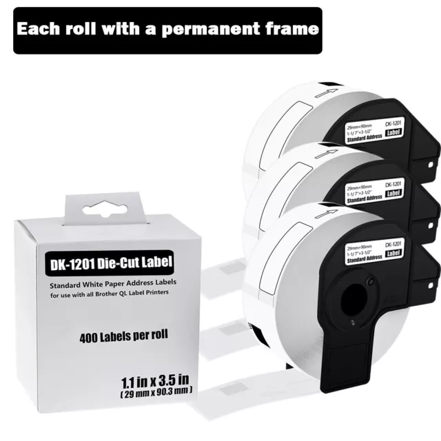 29mmx90mm 3 ROLLS Shipping Label 1-1/7"x3-1/2" Compatible Brother QL800 DK-1201