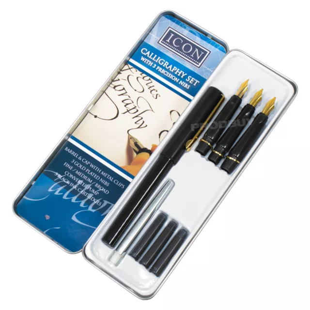 Calligraphy Pen Tin Set Black Ink Cartridges Fine Medium Broad Writing Gold Nibs