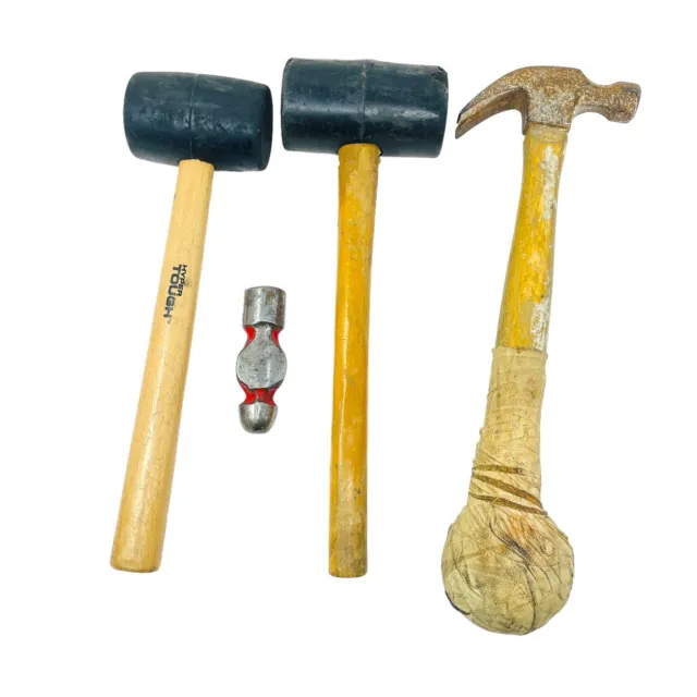 4 Pcs HYPER & Assorted Tough Rubber Mallets With Wood Handle and Claw Hammer