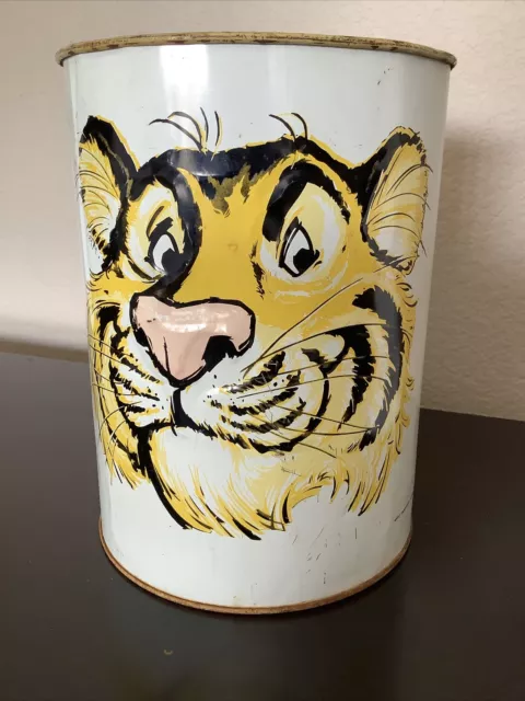 ESSO TIGER VINTAGE TIN LITHO METAL TRASH CAN WASTE BASKET EXXON 1960's GAS OIL