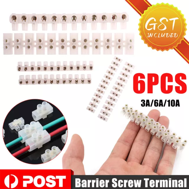 6X Barrier Screw Terminal Block Wire Dual Connector Strips 12 Position 3/6/10A