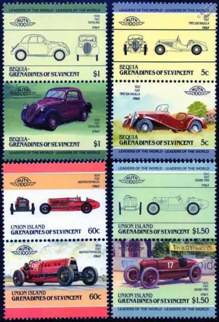 FIAT Collection of 8 Car Stamps (Auto 100 / Leaders of the World)