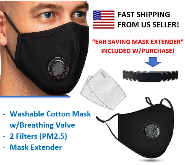 Cotton Face Mask Washable Reusable w/ Valve 2 Filters & Ear Saver Mask Extender