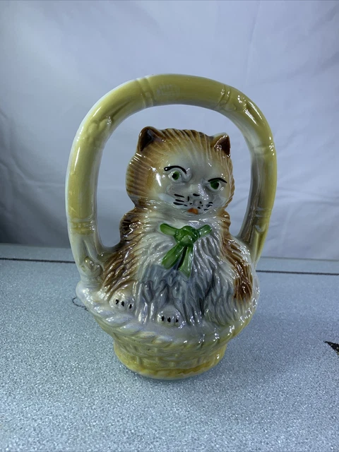 Vintage Handmade Ceramic Iridescent Cat In Basket Made In Brazil 1905