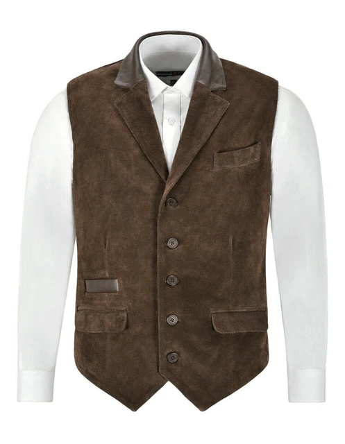 Uomo Gilet Cappotto Premium pelle di Pecora Camoscio Marrone Festa Moda Classica