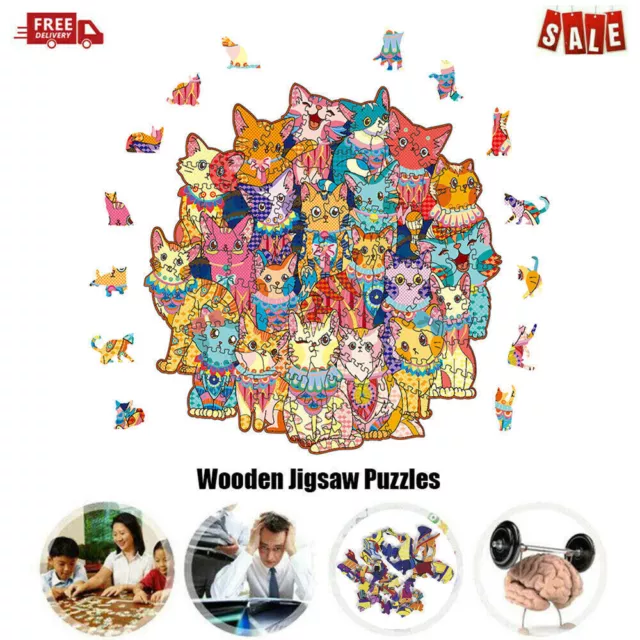 Wooden Jigsaw Puzzles DIY Cats Unique Shape Pieces Kids Educational Family Toys