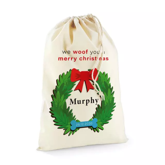 Personalised Santa Paws COTTON SANTA SACK -  Name Dog Christmas Xmas Pet Gifts