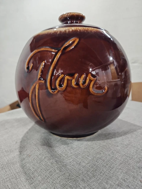 HULL BROWN GLAZE POTTERY Flour Canister   Oven Proof USA   Hard To Find
