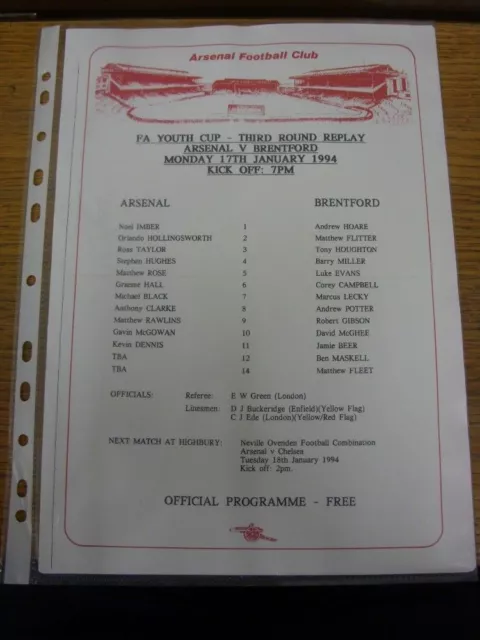 17/01/1994 Arsenal Youth v Brentford Youth [FA Youth Cup] (single sheet). Condit