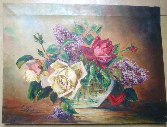 BROCHE DÉBUT 1900 PEINTURE FLEURI SUR PAPIER SIGNÉE  RD  MONTURE LAITON #KN#K4