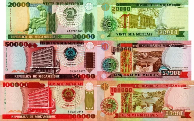 MOZAMBICO - Mozambique Lotto 3 banconote 20k/50k/100k meticais FDS - UNC