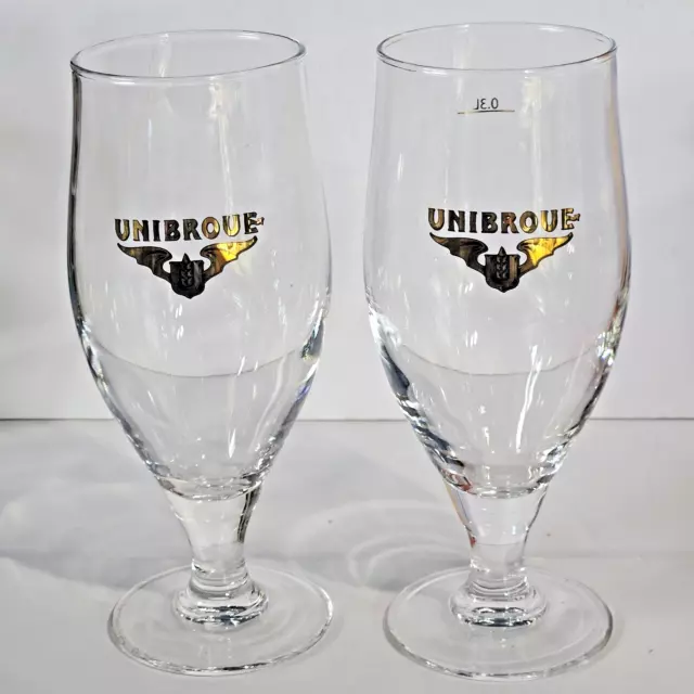 Lot of 2 Unibroue Gold Logo Tulip .3 Liter Beer Glasses 7" Tall