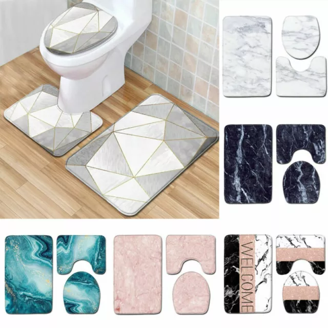 Anti Slip Marble Bathroom Mat Set Toilet Seat Lid Cover Pedestal Rug Bath Mats